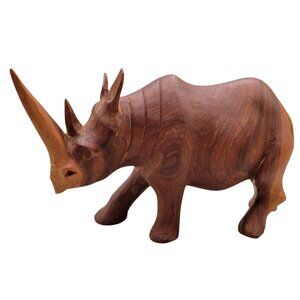 Carved Teak Wood Rhino Figurine African Wildlife Sculpture